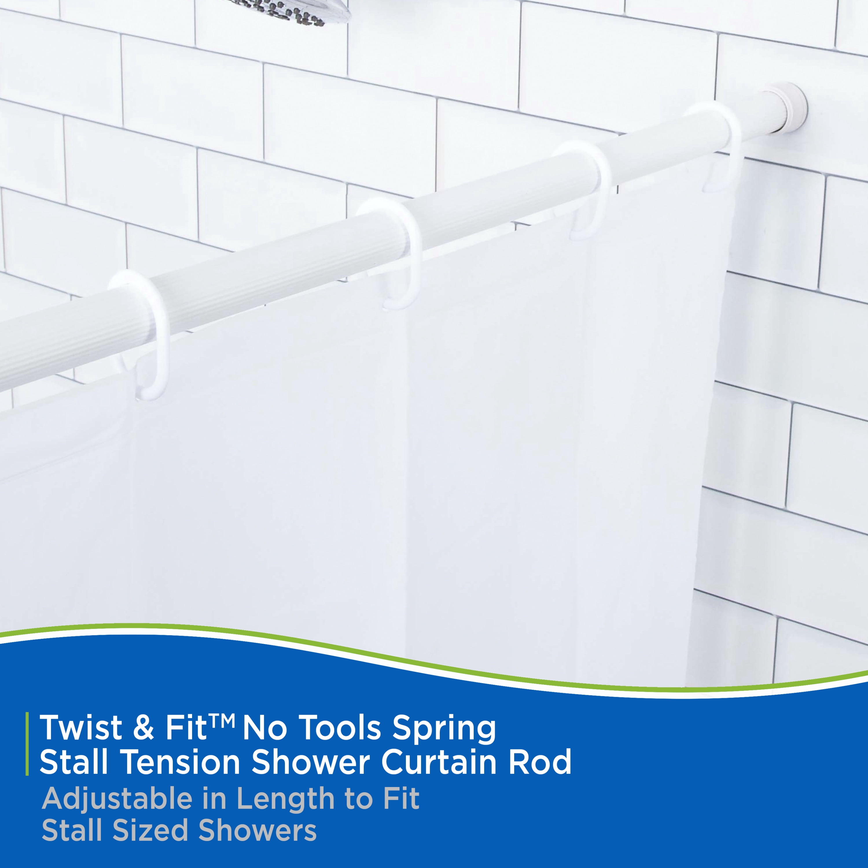 Kenney® Twist & Fit™ No Tools, Rust-Resistant Coated Steel, Spring Tension, Stall Shower Curtain Rod, 24-38", White