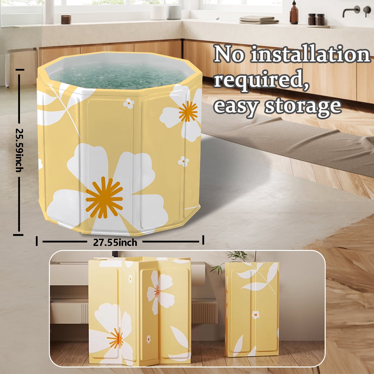 SLLINGLUO Foldable Bathtub for Adult Kids, No-Installation Portable Bath tub for Baby Swimming Bathing Sauna Soaking Tub, Yellow Flowers