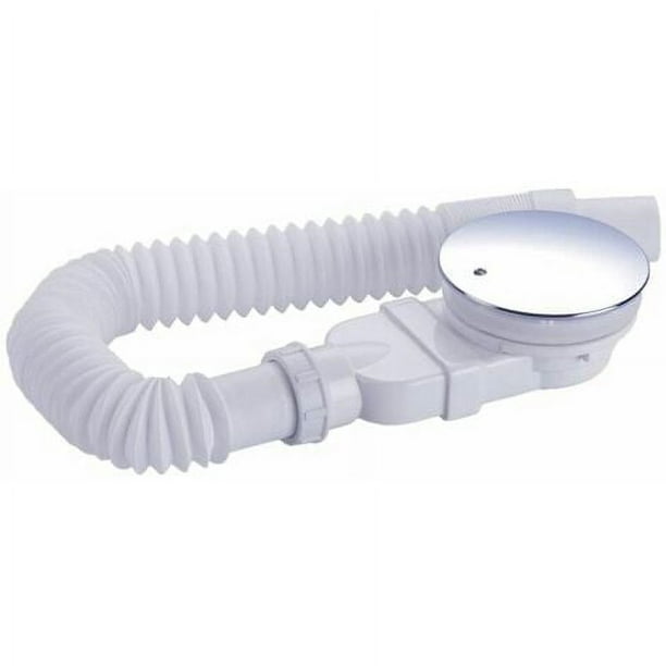 Desagüe de ducha 90 mm, extraplano, orificio de desagüe para plato de ducha, sifón con sistema antiolor, filtro de pelo, manguera flexible, tapa cromada, blanco, una pieza