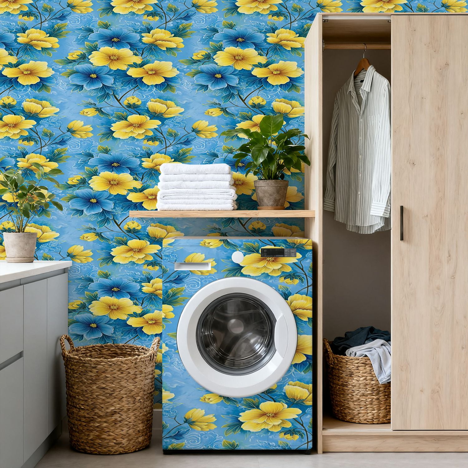 Flower Peel and Stick Wallpaper 17.7in x 9.8ft Blue Yellow Floral Soft Blue Contact Paper Vinyl Waterproof Self Adhesive Wall Paper for Bedroom Shelf Cabinet Renter Friendly