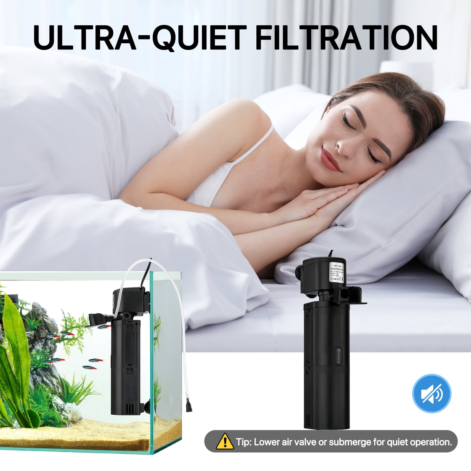 4-in-1 Internal Aquarium Filter for 10–75 Gallon Fish Tanks, Quiet Turtle Tank Filter with Filtration, Aeration, Circulation & Water Change
