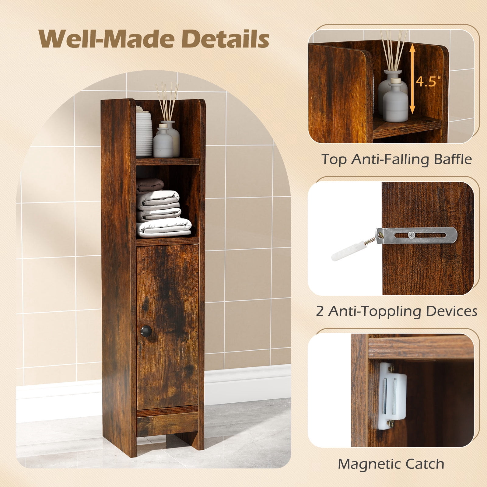 Topbuy Bathroom Storage Cabinet Small Corner Floor Cabinet with Door and Adjustable Shelves Toilet Paper Holder Stand Brown