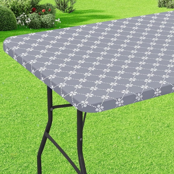 Rectangle Vinyl Table Cloth, Elastic Fitted Tablecloth with Flannel Backing, Waterproof Plastic Table Cover for Folding Tables, Indoor and Outdoor