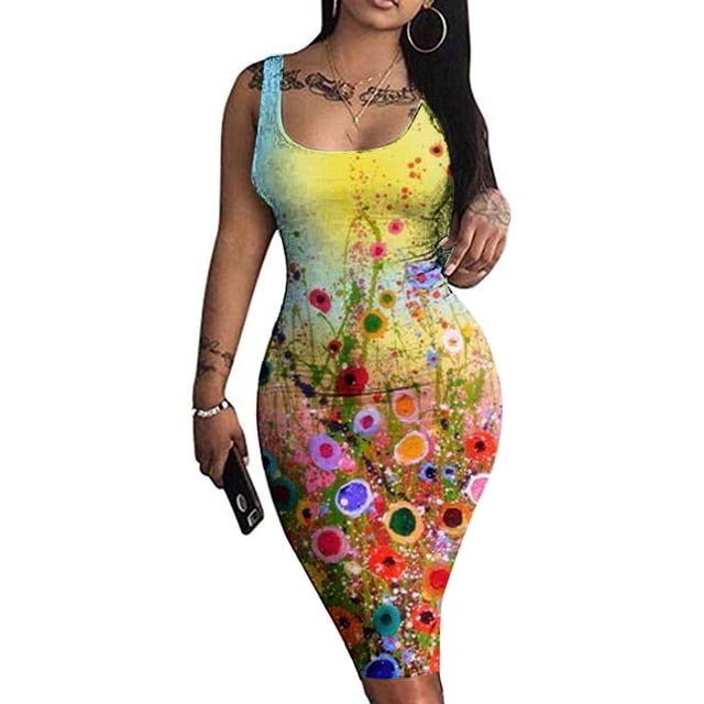 Lenago Robe Sans Manches Grande Taille pour Femmes Mode Décontractée Été Sans Manches Épaules Dénudées Imprimé Col Rond Robes de Plage en Solde