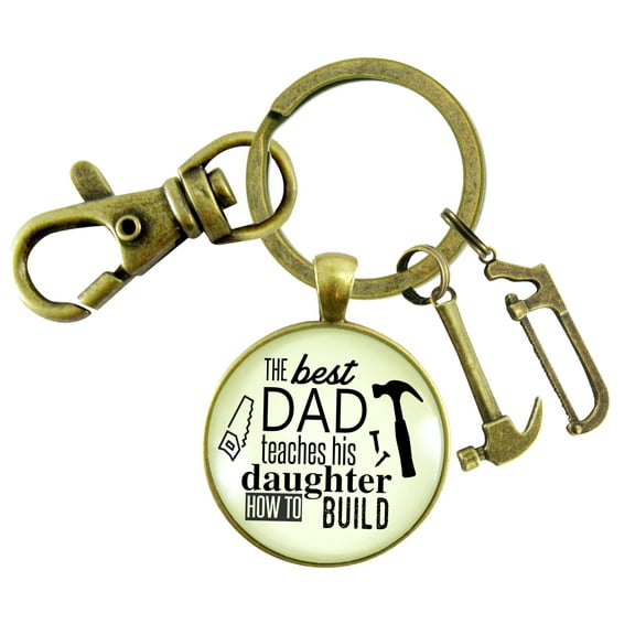 Best Dad Teaches Daughter To Build Gutsy Goodness Bronze Keychain From Daughter Hammer Saw Tool Charm