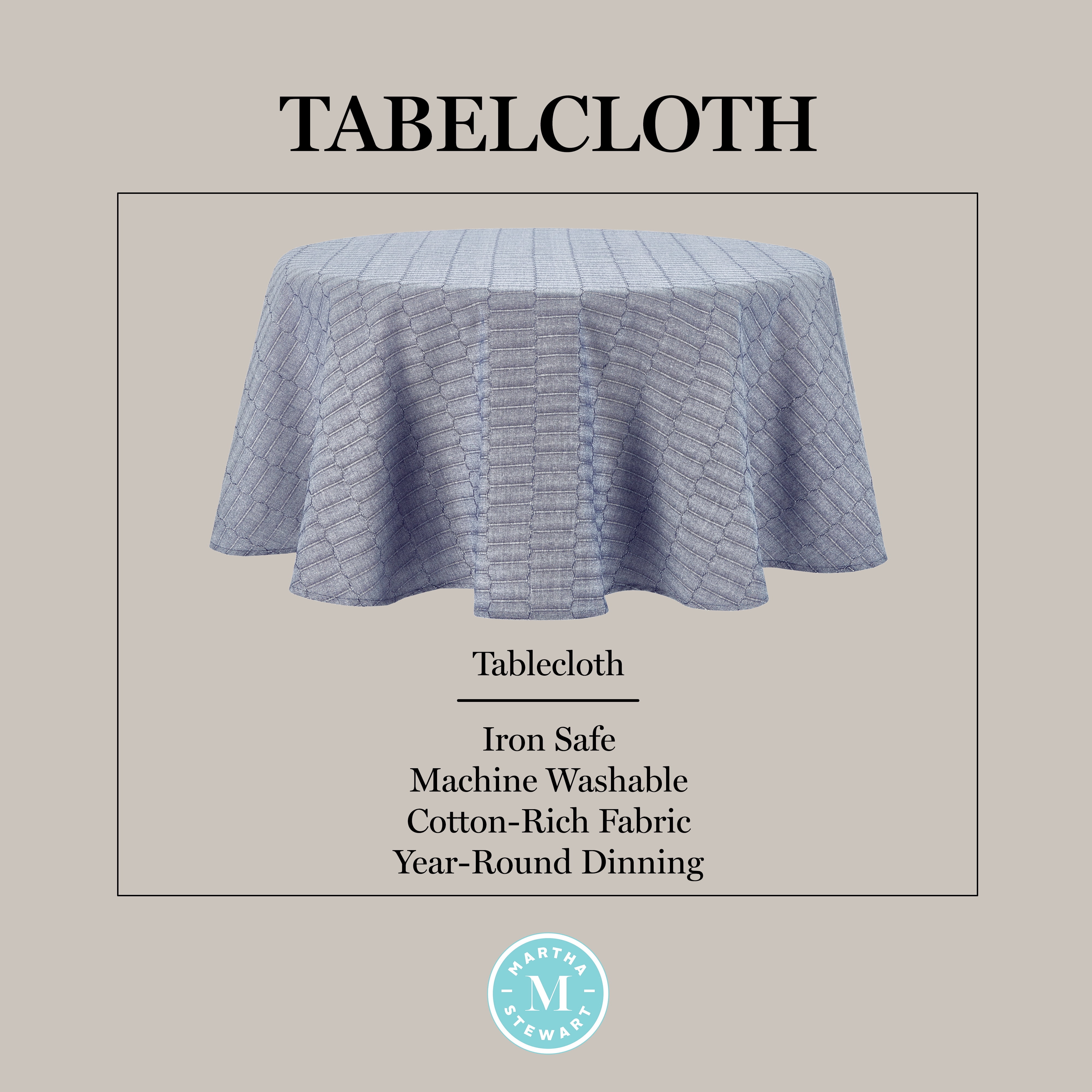 Martha Stewart Honeycomb Modern Farmhouse Fabric Tablecloth, Blue, 70" Round