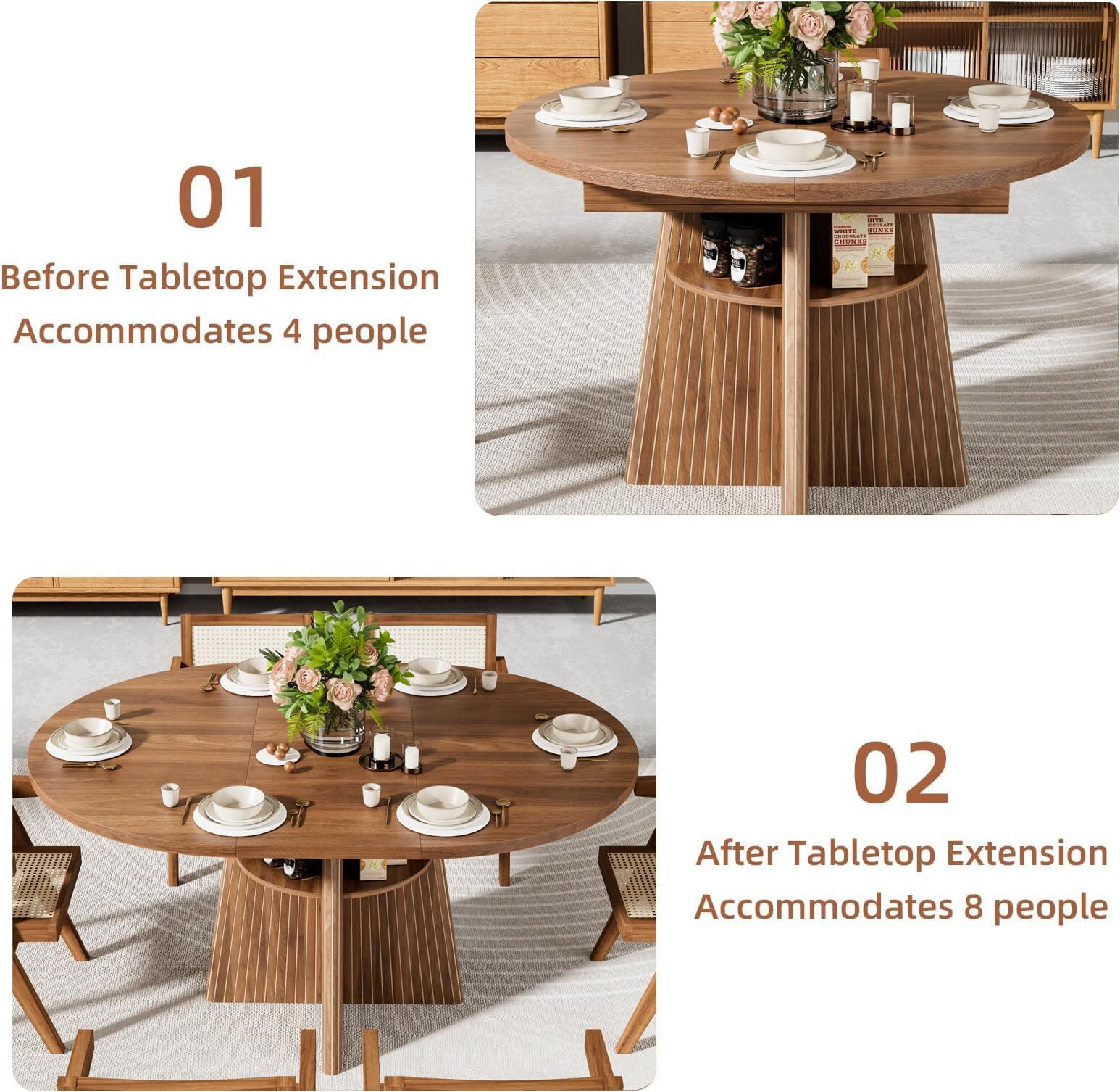 43.3–59" Extendable Dining Table for 4–8, Round Kitchen Table with Fluted Base & 4 Storage Shelves for Living Room, Walnut