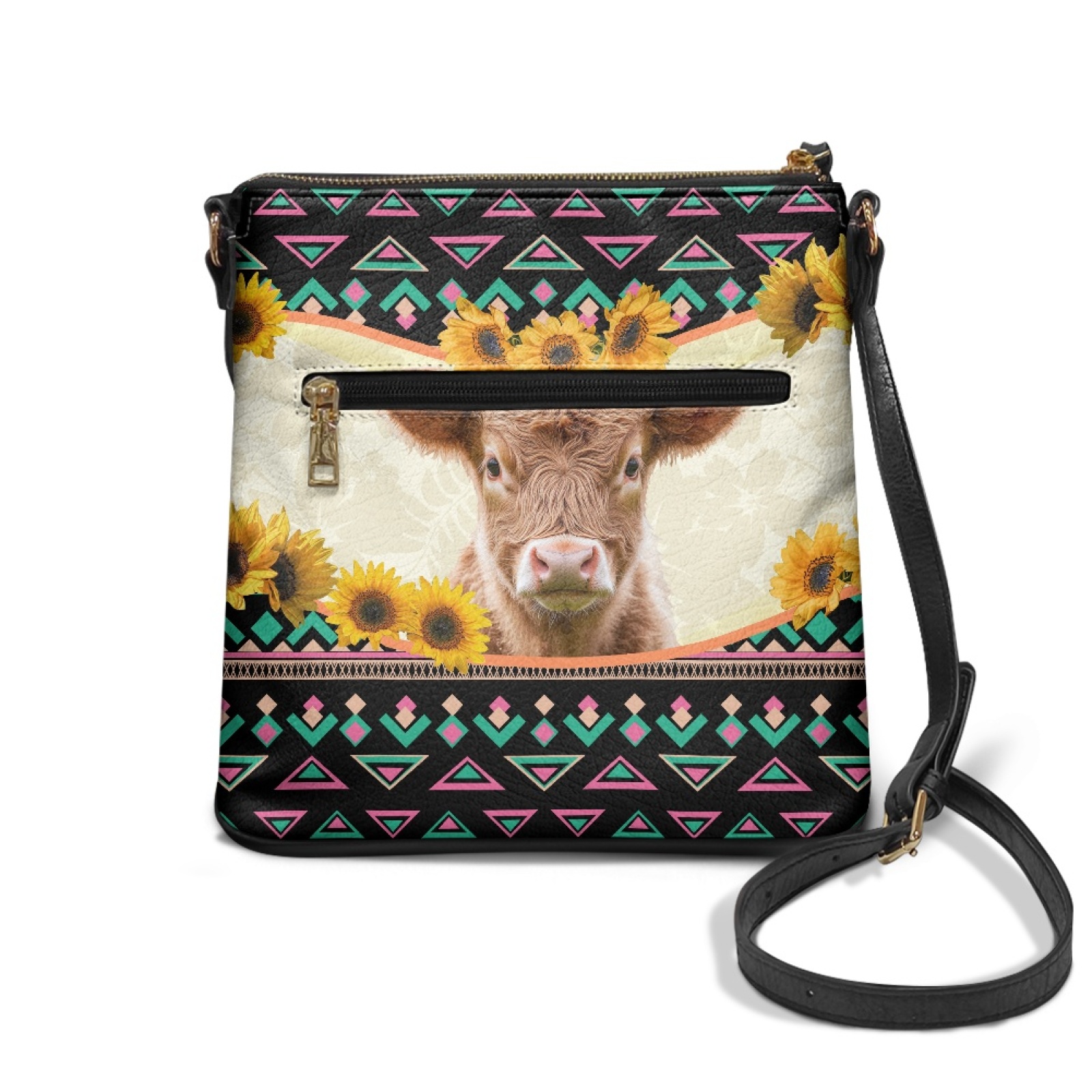 LedBack Cow Print Leather Crossbody Satchel Purse Hobo Bag for Women, Sling Zipper Shoulder Purse Messenger Bag with Adjustable Strap and Zipper Pocket, Black