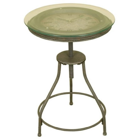 - Oil Rubbed Bronze Metal Accent Table with Inlaid Clock and Glass Top