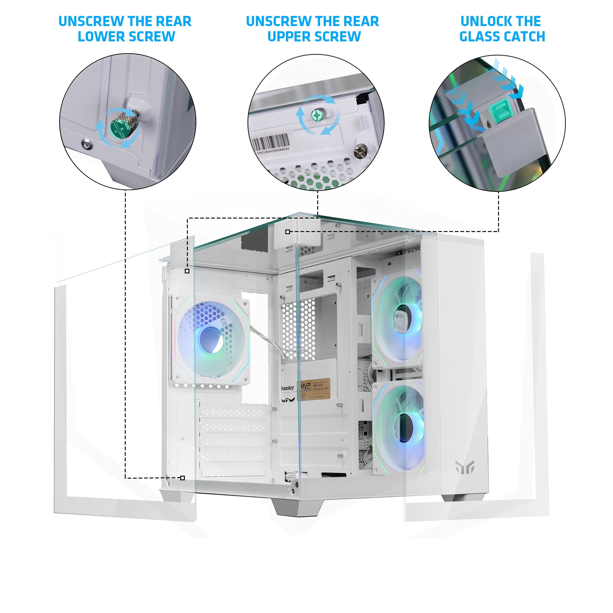 YEAH MAGIC CUBE Gaming computer Case,Tempered Glass ,Three-sided transparent, support MATX, ITX,With 3 RGB Fans, 3D panoramic view, left and right compartments Gaming desktop Case,White