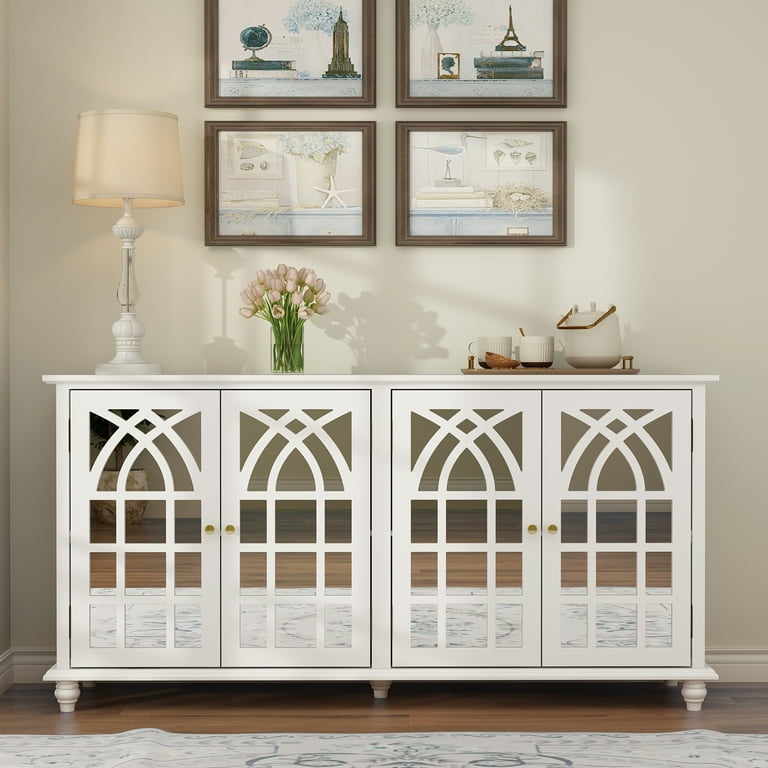 Timechee Buffet Sideboard Accent Table Console Table Storage Cabinet with Mirror Doors White