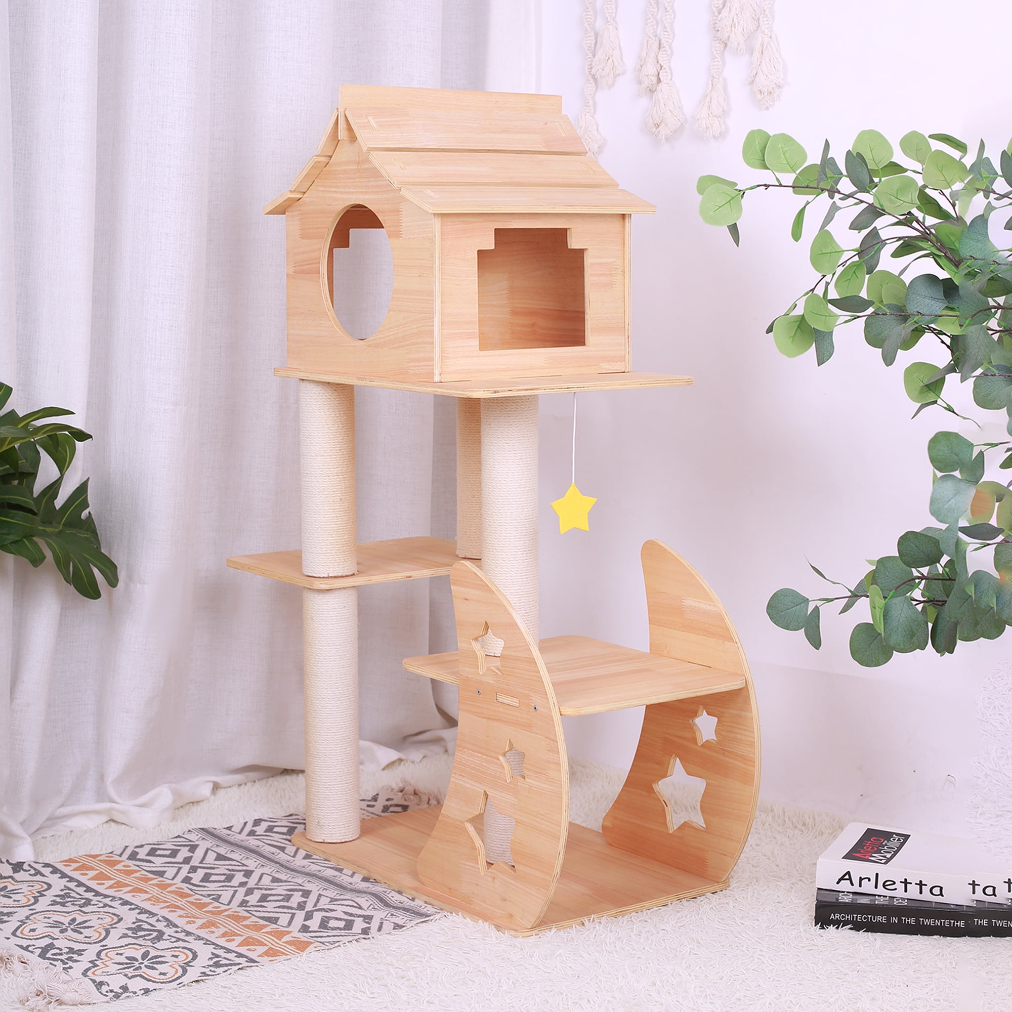 Pefilos 46" Cat Tree Tower for Indoor Cats, Multi-Level Wood Cat Condo for Large Cats with Top Cat Houses, Beige Pefilos 46" Cat Tree Tower for Indoor Cats, Multi-Level Wood Cat Condo for Large Cats with Top Cat Houses, Beige