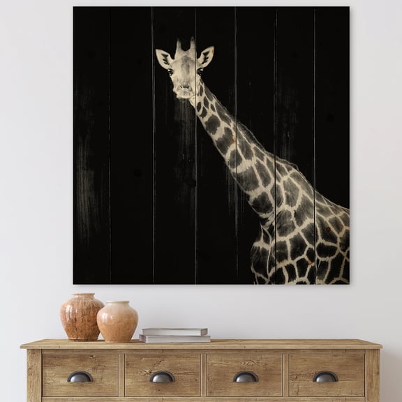 Designart 'Close Up Portrait Of A Giraffe On Black I' Farmhouse Print on Natural Pine Wood