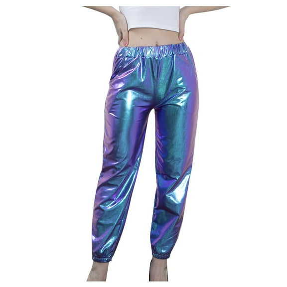 Women Metallic Shiny Pants 70s 80s Disco Punk Trousers Low Rise Straight Leg Harem Pants Hip Hop Club Party Pant Pocket