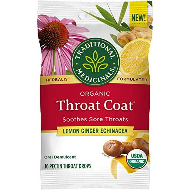Traditional Medicinals Throat Coat Organic Pectin Throat Drops, Lemon Ginger Echinacea, Soothes