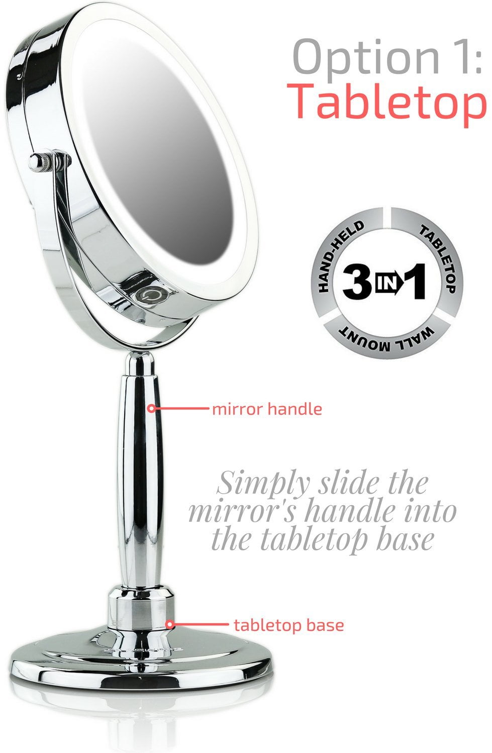 OVENTE 7'' Lighted Makeup Mirror with 1X/8X Magnification, Cordless Multi-Functional Round Vanity Mirror with 360° Swivel Design, Double Sided and Three Toned LED Lights, Polished Chrome MFM70CH1X8X