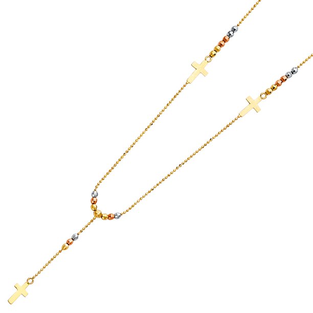 14K Solid Yellow Gold Rosary Necklace Crucifix Men's/women's 3mm