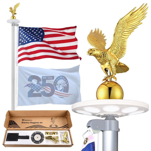 Yescom 25Ft Heavy Duty Flag Pole Kit with Solar Light & Deck Mount Bravery MEGA 13 Gauge Aluminum Sectional Flagpole for Outdoor Patio Dock Side ,Silver