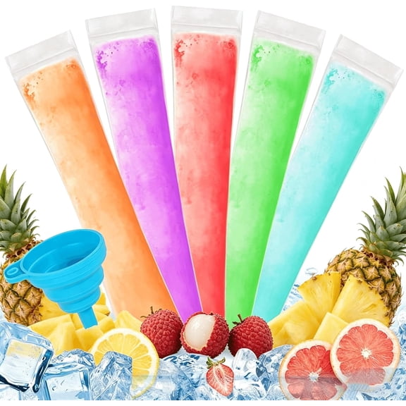 100PCS Food-Grade Disposable Ice Popsicle Mold Bags with Zip Seals, Clear Ice Pop Bags with Silicone Funnel, Disposable Freezer Pop Bags for Homemade Popsicles, Juice & Fruit Smoothies