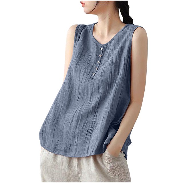 Plebaso Débardeurs en Coton et Lin pour Femmes Col Rond Sans Manches Chemises Décontractées Légères Blouses pour Femmes