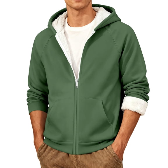 Men's Autumn/Winter Fleece-lined Thick Hooded Sports Cardigan Warm Outerwear Army Green L
