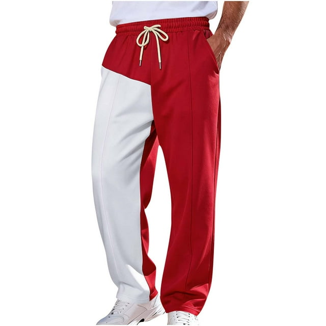 Lovzfmll Men's Color-Block Sweatpants, Solid Base with Contrast Panels, Elastic Drawstring Waist, Pockets Red, 2XL