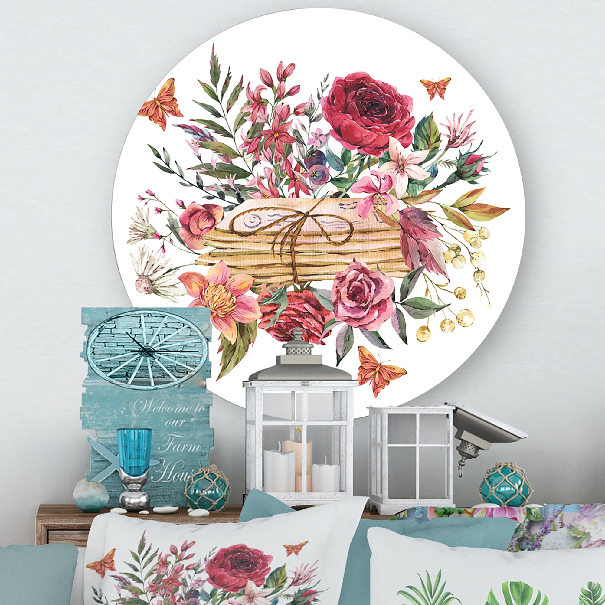Designart 'Wildflowers With Vintage Old Letters' Farmhouse Circle Metal Wall Art 23x23 - Disc of 23