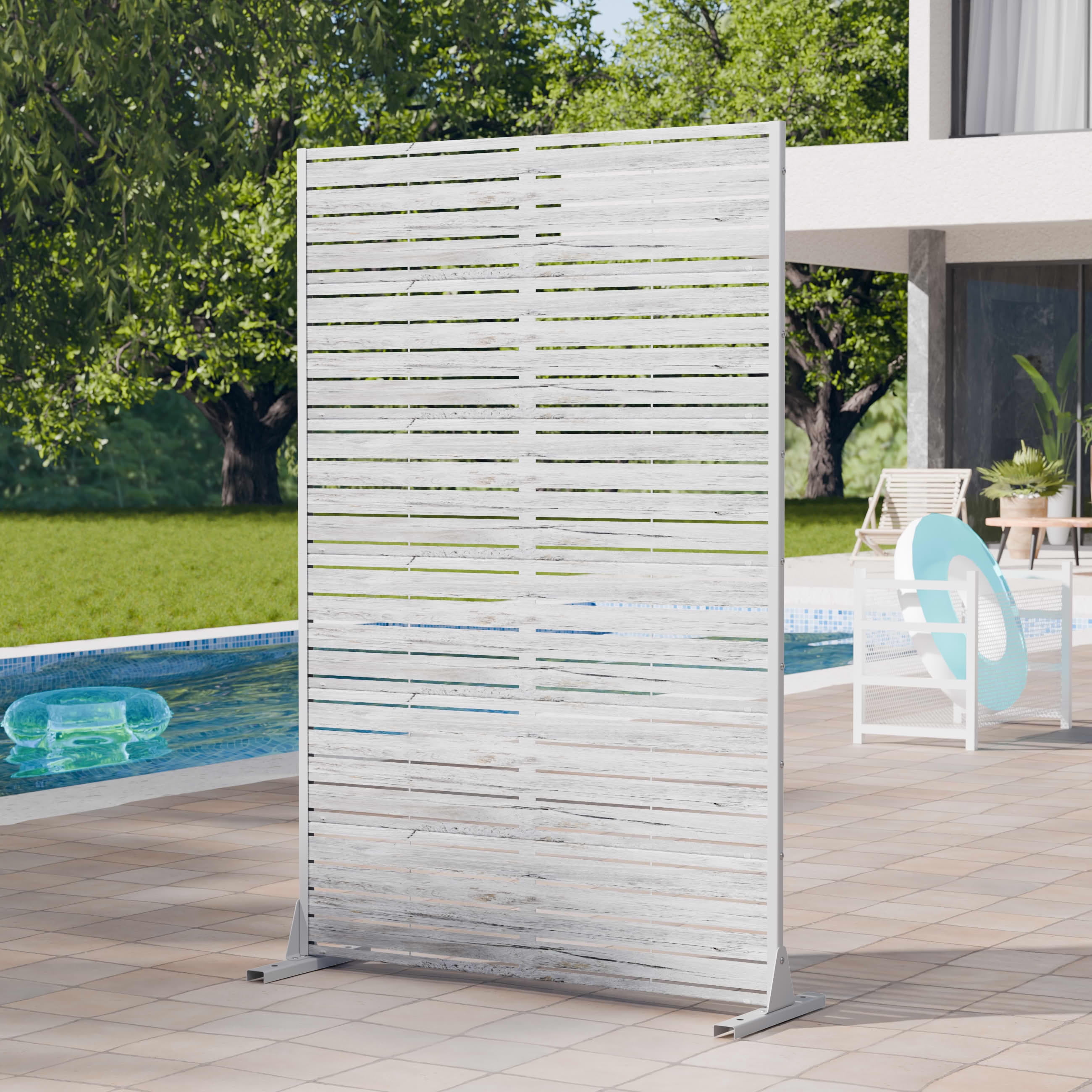 MAYEERTY 2-Piece Outdoor Metal Privacy Screen 6ft × 4ft Weathered White, 6-Panel Wood Grain Louvered, Weatherproof for Patio