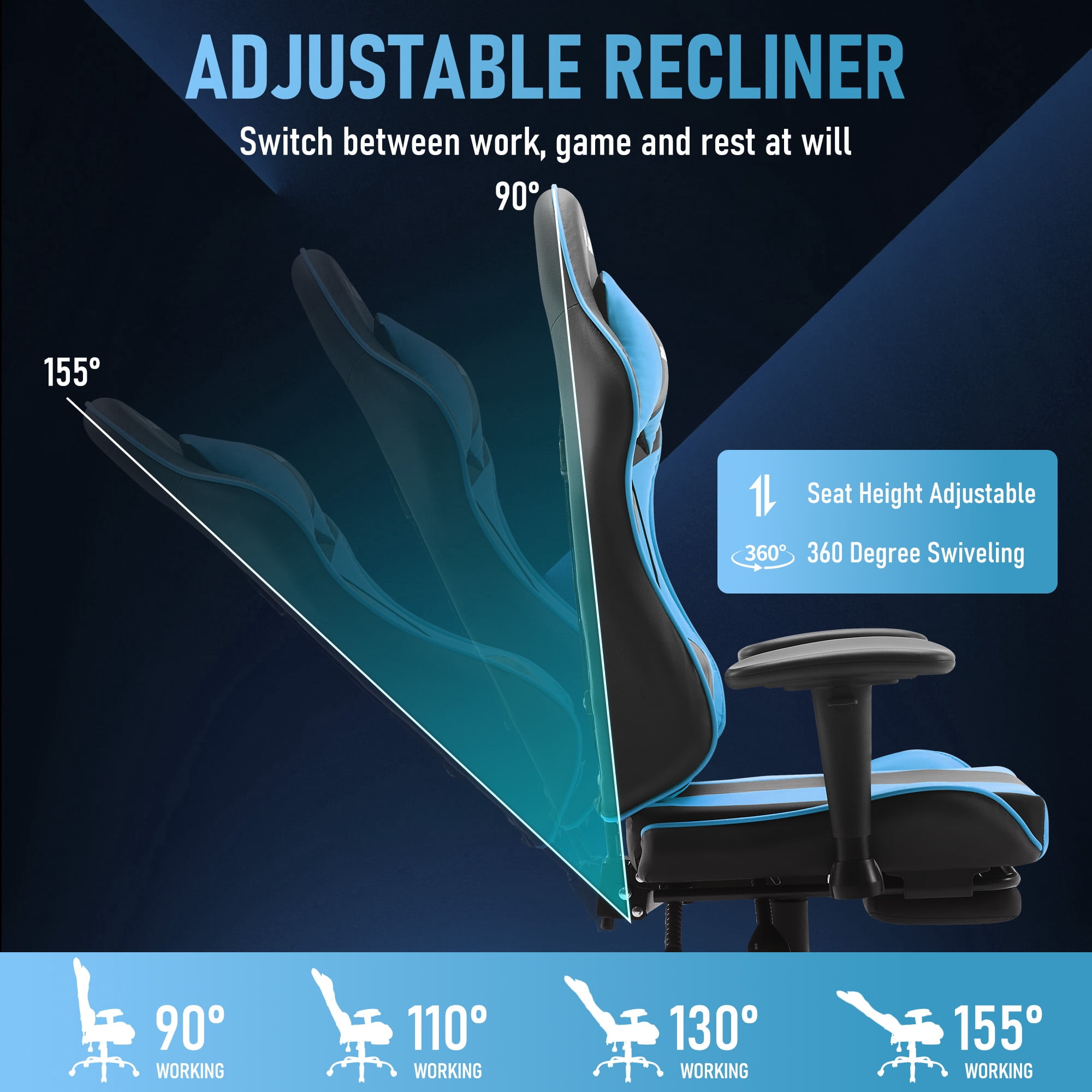 JONPONY Big and Tall 500LBS Gaming Chair with Footrest and Lumbar Support, High Back Ergonomic Recliner,Height Adjustable Leather Computer Desk Chair for Home Office, BLue