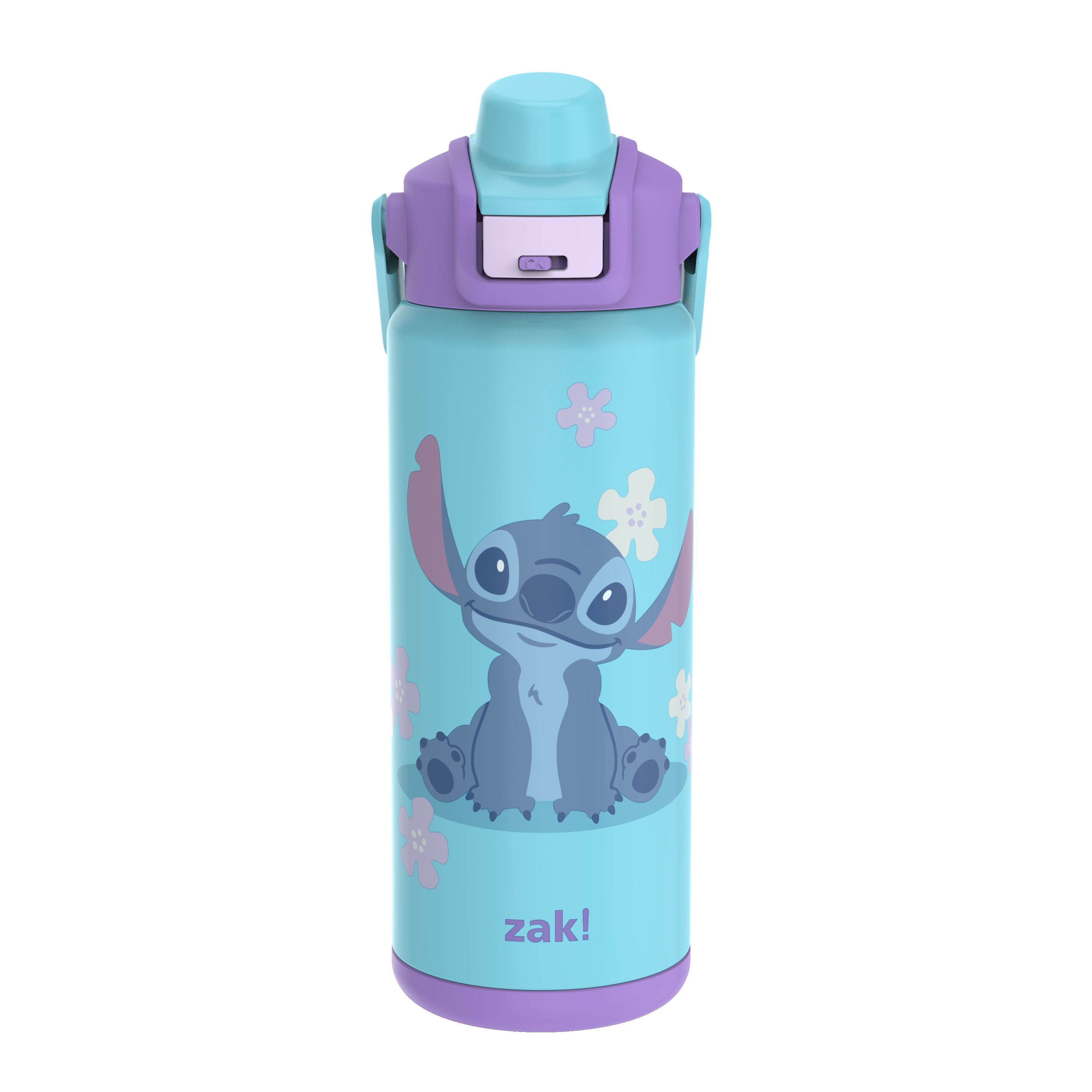 Zak Designs 20oz Stitch Kids Straw Water Bottle, Stainless Steel Vacuum Insulated Liberty Bottle with Easy-Open Locking Spout Cover for Travel, Built in Carry Handle