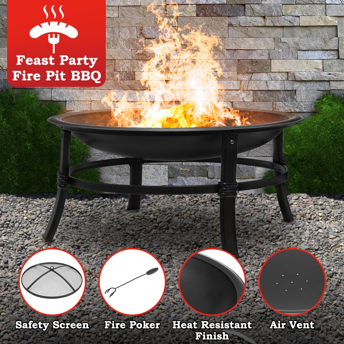 SinglyFire 26 inch Fire Pit for Outside Portable Fire Pits Outdoor Firepit Wood Burning Small Fire Pit Steel Bowl for Porch Camping Patio with Log Grate, Poker - 1