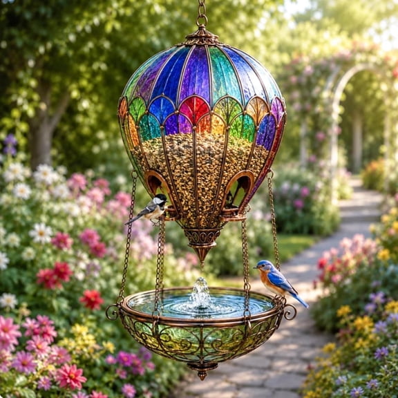 Stained Glass Hot Air Balloon Bird Feeder Fountain, Dual‑Use Seed & Water Hanging Bird Station, Colorful Stained‑Glass Style Outdoor Backyard Ornament