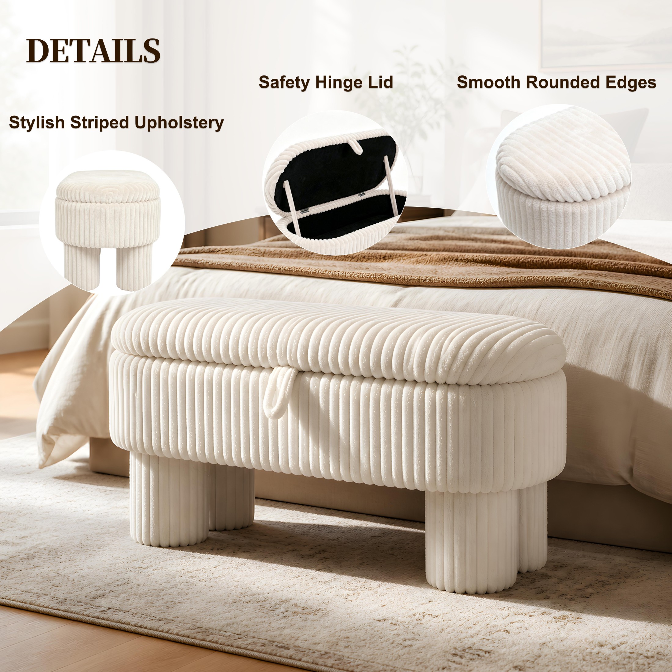 Christopher Knight Home 43" Modern Ottoman Bench, Corduroy Upholstery with Hidden Storage, Beige