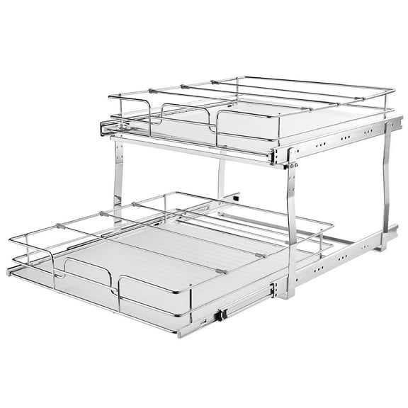 Heavy Duty 2 Tier Slide Out Cabinet Organizer, 17 Inches Wide x 21 Inches Deep, Chrome Plated Steel Roll Out Shelves for Pantry, Kitchen, Bathroom, Under Sink Storage