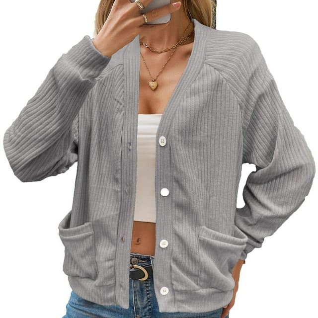 RXMEKW Knit Cardigan for Women, V-Neck Button Front with Patch Pockets, Oversized Relaxed Fit Long Sleeve Open Front Sweater for Layering