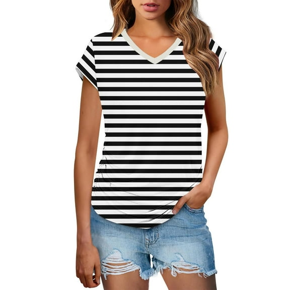 LIaqionyy Womens Summer T Shirts Short Sleeve V Neck Tops Lightweight Loose Spring Fashion Outfits Trendy Clothes