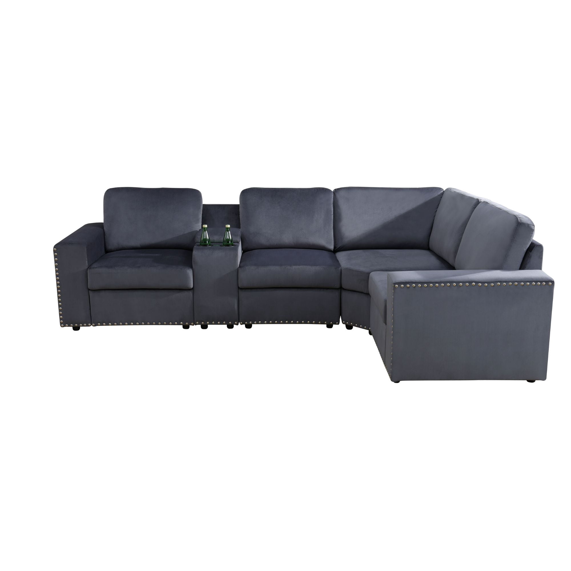 MAYEERTY Modular Corner Sofa, Flocking Fabric Couch with Console & Cup Holders, Dark Grey