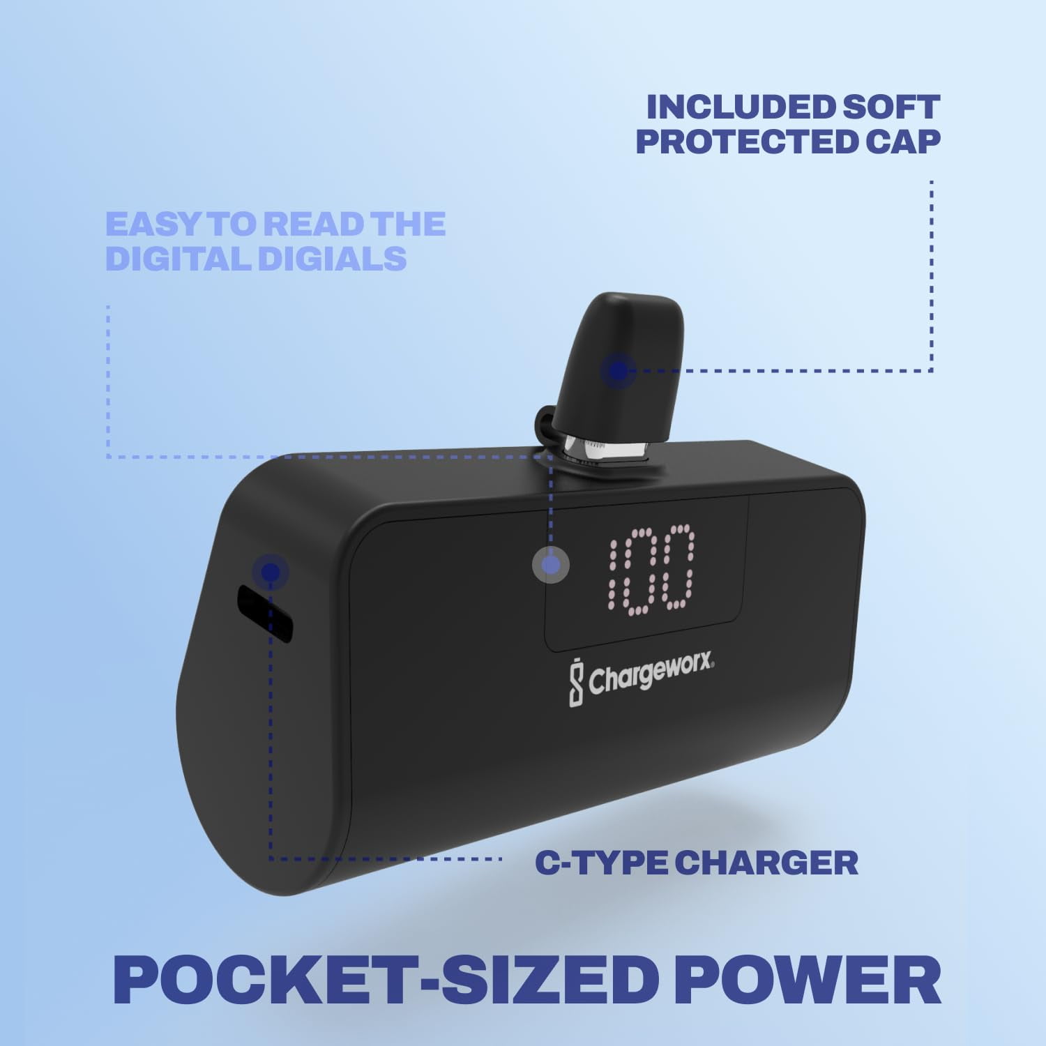 CHARGEWORX Mini Portable Charger Power Bank with Built-in USB-C Connector, LCD Display for Battery, 5000mAh, Fast Charging, Small & Compact Design