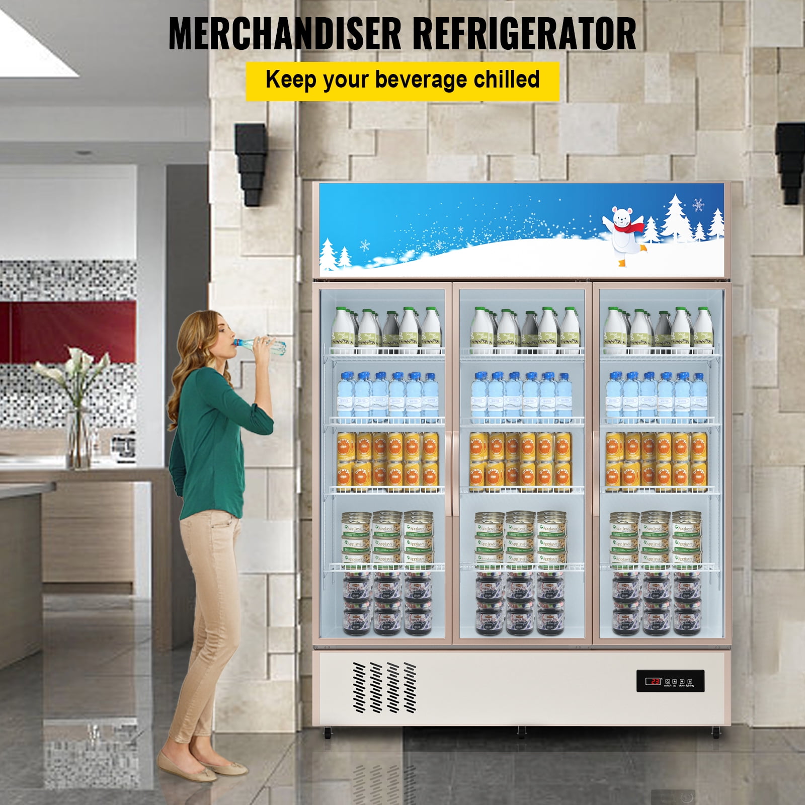 KFFKFF Commercial Merchandiser Refrigerator, Triple Glass Doors, 31.6 Cubic Ft, Upright Display Beverage Cooler, 79" Tall x 60" Width, Fridge with LED Lighting for Drink Wine Soda, Gold