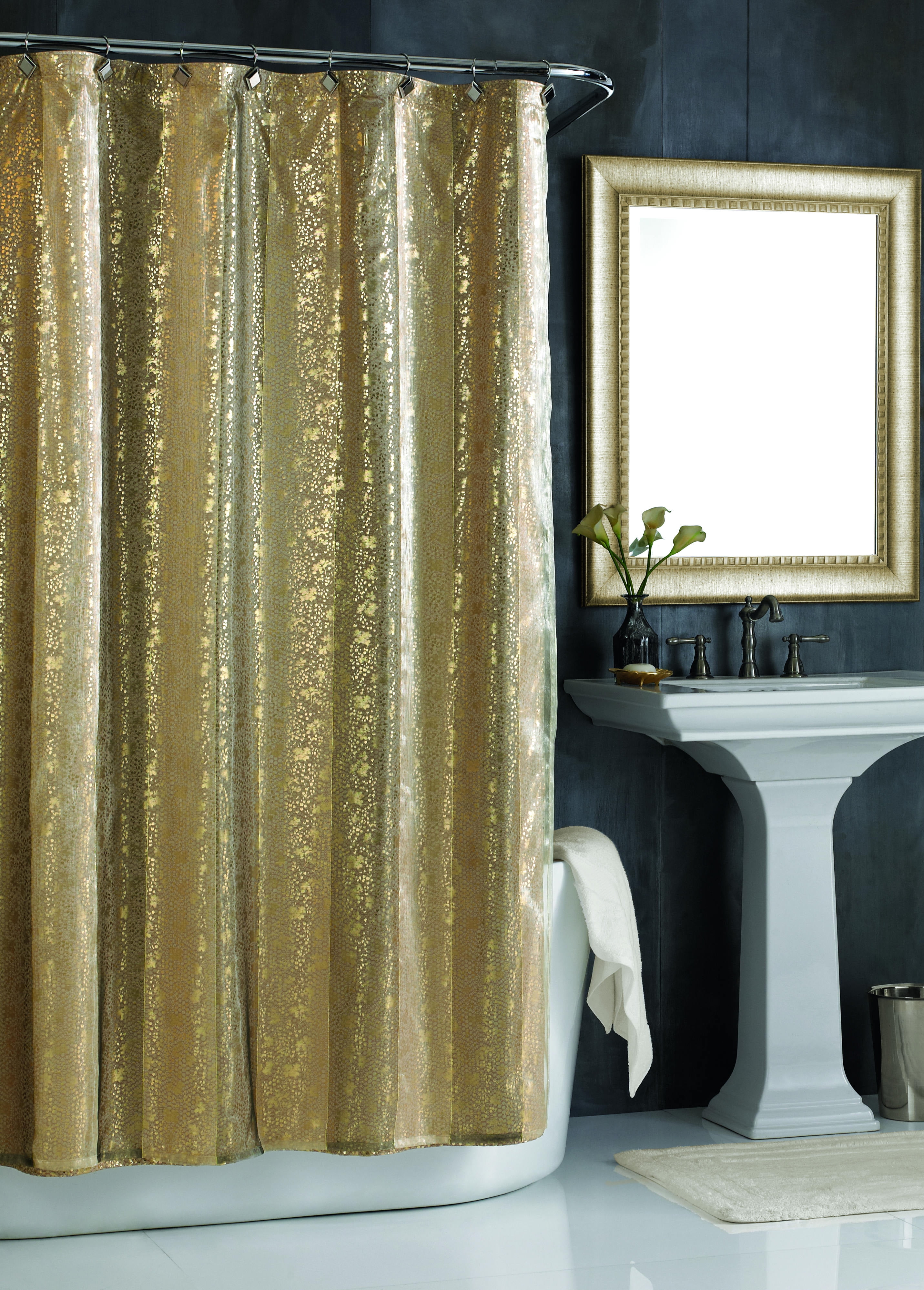 72x72'' Gold Textured Glitter Cat Bathroom Waterproof Fabric Shower Curtain 