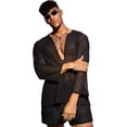 thumbnail image 1 of playera de malla con cuello de muesca para hombre, transparente, manga 3/4 Negro G Negro G Xishao ropa, 1 of 2