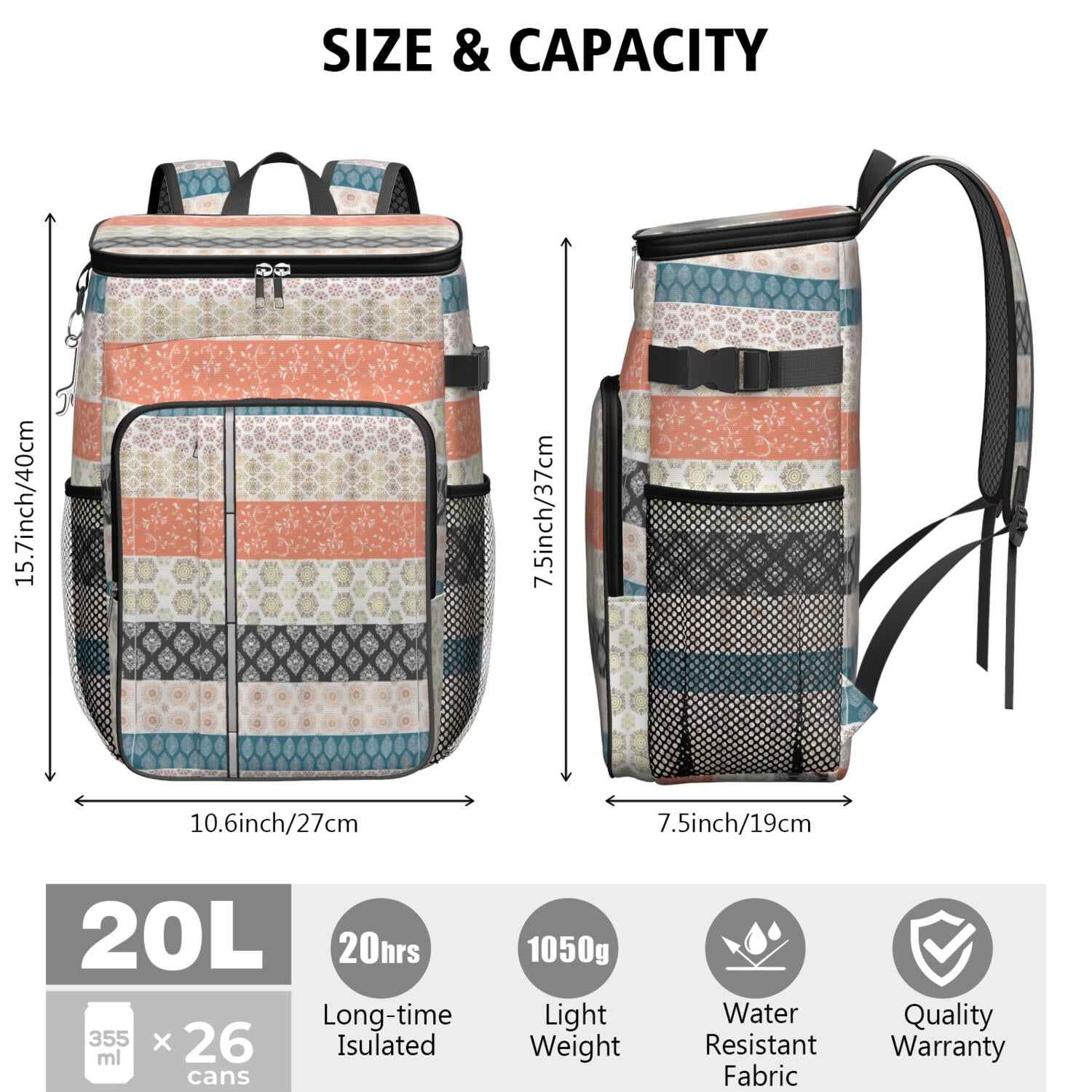 Travel Cooler Bag - Boho Bohemia Pioneer Flower Geometric Line Art Camping Beer Cooler Backpack with Bottle Opener- Waterproof Insulated Picnic Backpacks - Cooler Bag for Beach