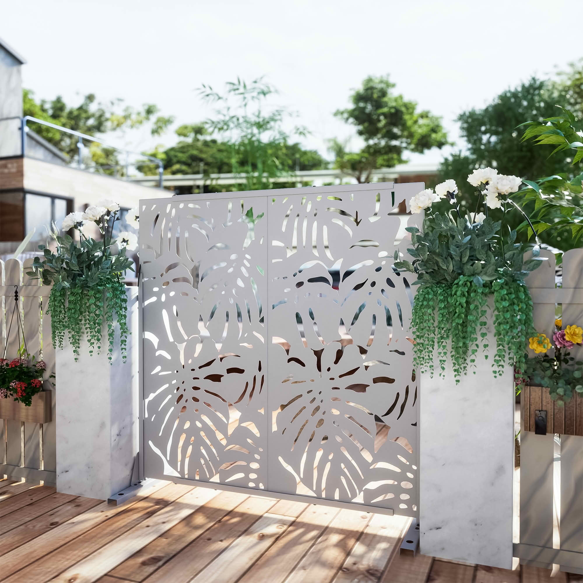 MAYEERTY 72x47x16 Inch White Monstera Galvanized Steel Privacy Screen, 3 Piece Set for Outdoor Garden