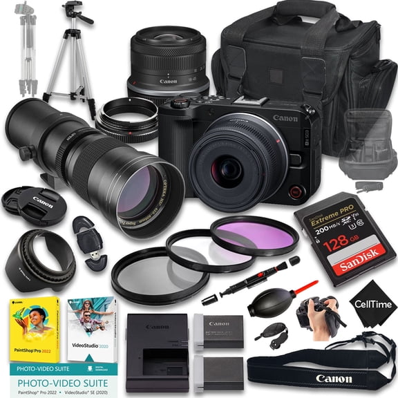 Canon EOS R50 V Mirrorless Camera with RF-S 18-45mm f/4.5-6.3 IS STM And 420-800mm f/8 Manual Super HD Telephoto Lens   128 GB Memory   Extra Battery   Camera Case   More (21pc Bundle)