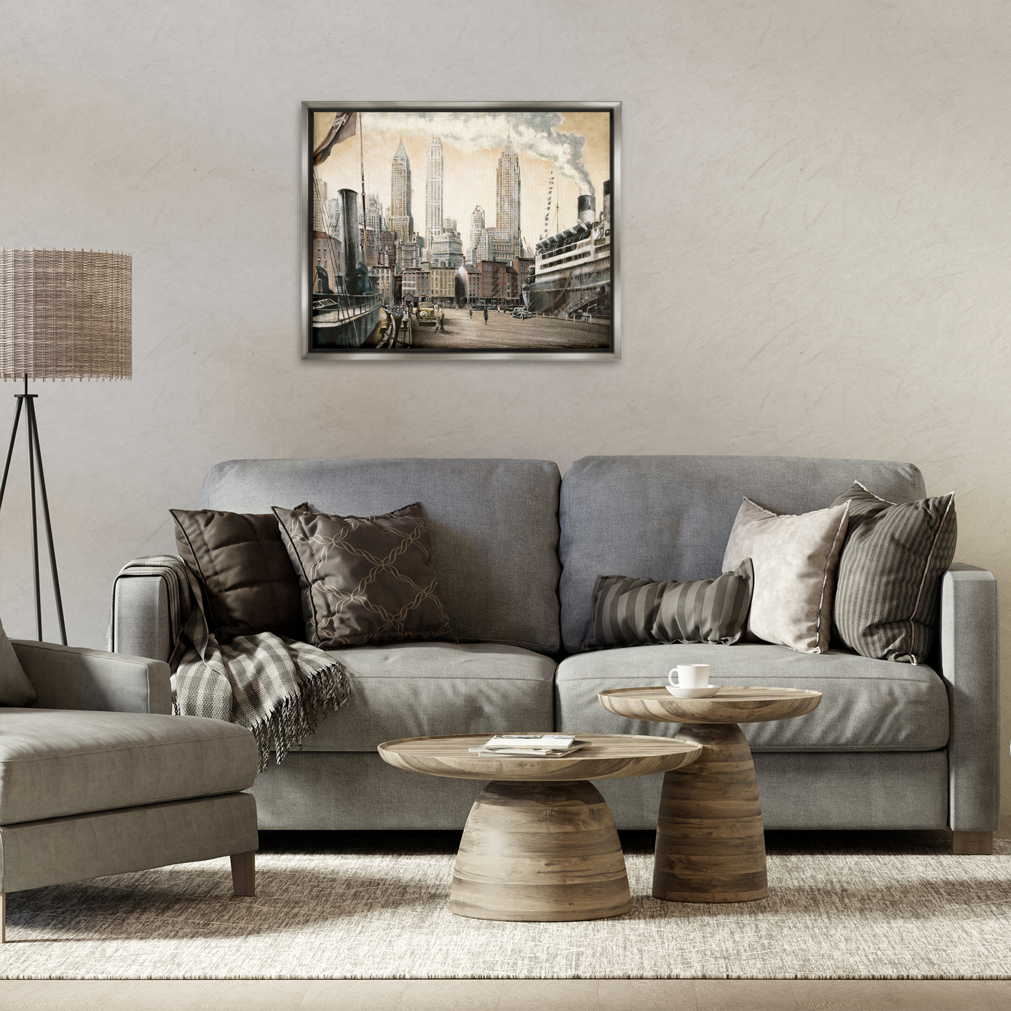 Stupell Industries Urban Boat Harbour Scenery Painting Gray Floater Framed Art Print Wall Art, 31 x 25