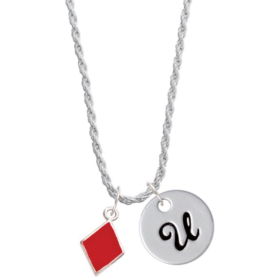 Delight Jewelry Silvertone Card Suit - Red Diamond Silvertone Script Initial Disc - U - Charm Necklace, 20"+3"