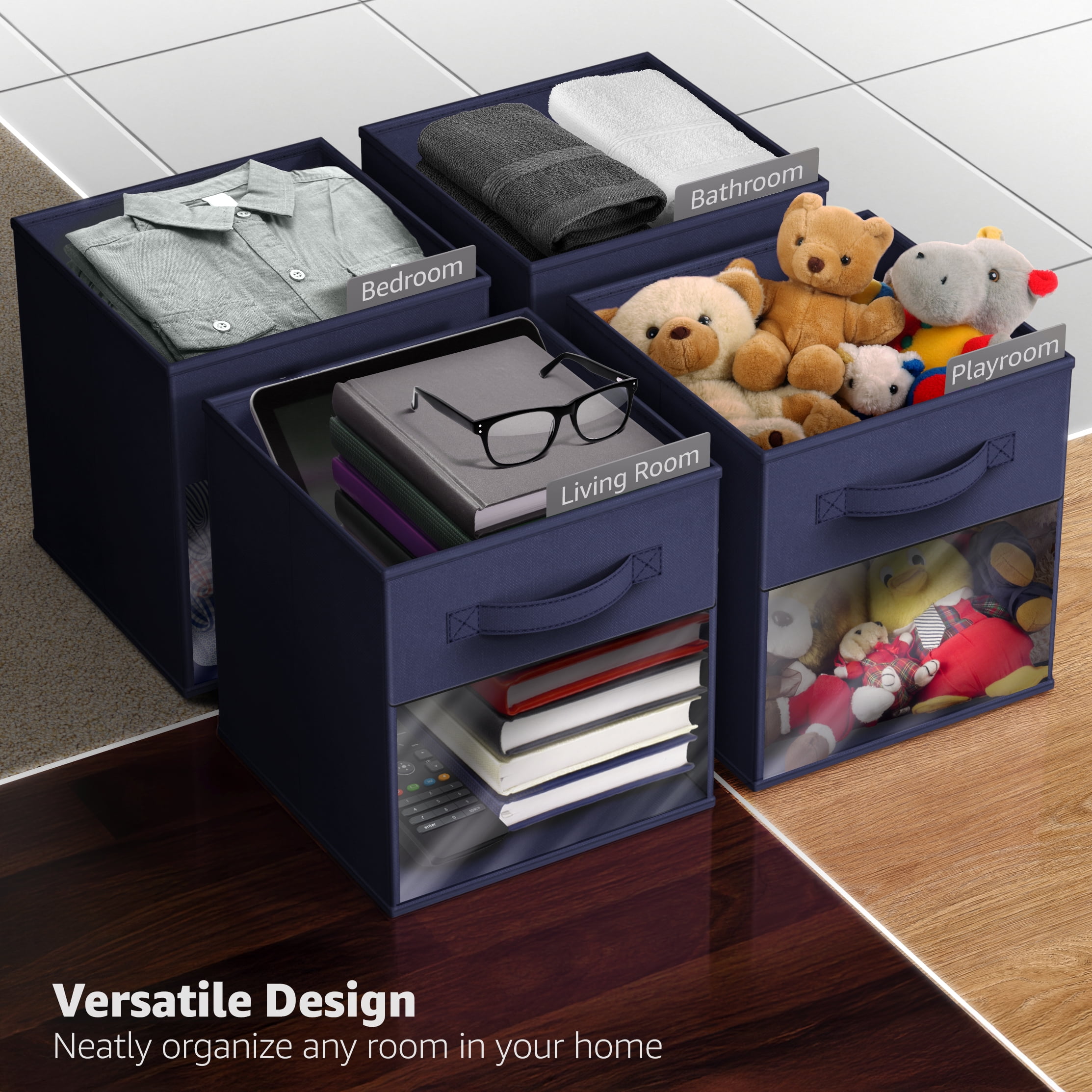 Sorbus 13” Foldable Storage Bins with Clear Window – Set of 6 Collapsible Fabric Baskets with Handles for Clothes, Toys, Books – Sturdy Organizer Cubes for Shelves & Closets, Navy Blue