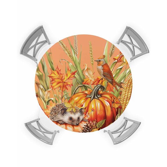 nqOlkjepod Orange Fall Pumpkins Round Tablecloth, Fitted Table Cover with Elastic for 55"-60" Round Tables, Thanksgiving Wheat Birds Table Cloth Outdoor Indoor Dinning Party Waterproof Tablecloths