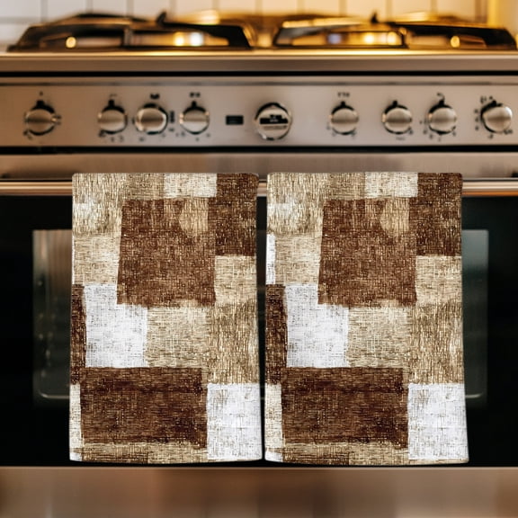 Patchwork Texture Kitchen Towels Set of 4, Retro Rustic Blocks Abstract Linen Brown Absorbent Dish Towels for Kitchen, Microfiber Hand Towel, Quick Drying Tea Towel for Cleaning Decorative Dishcloths
