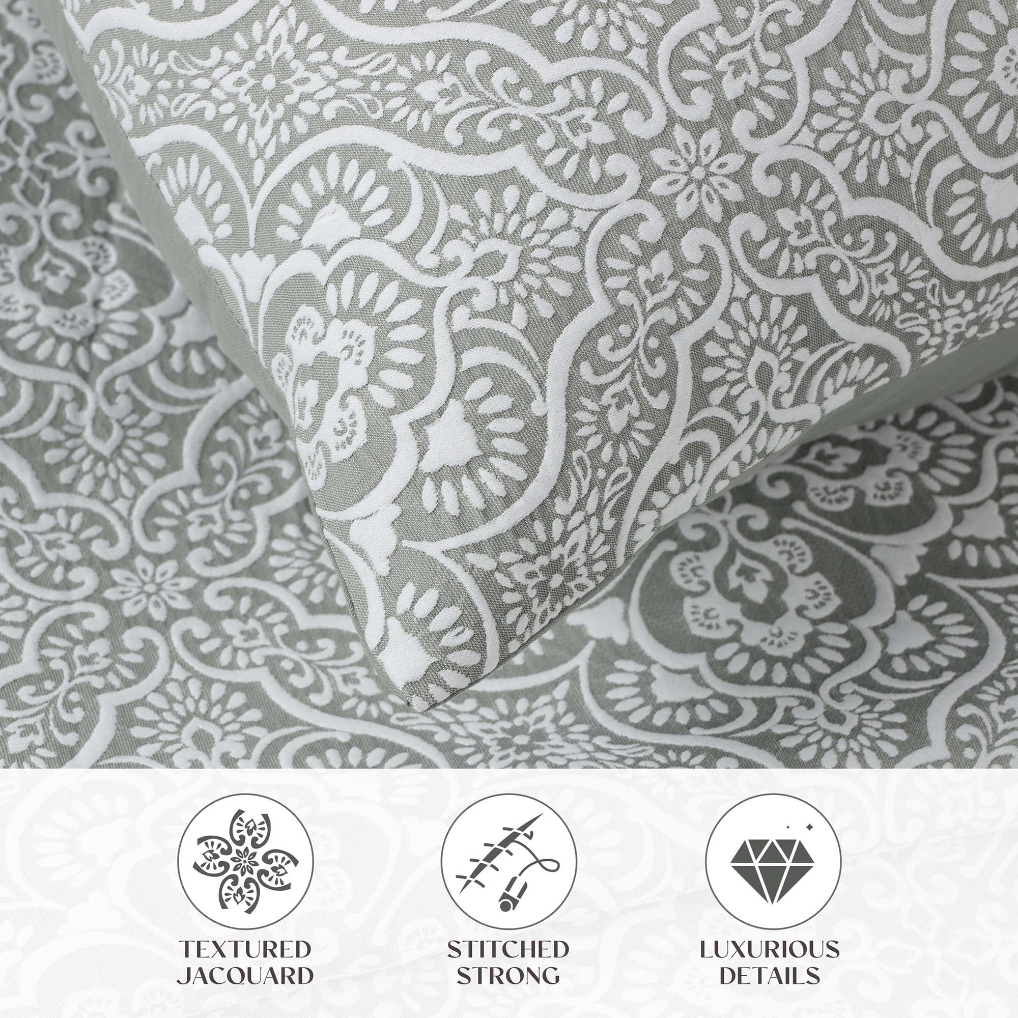 Superior Enzy Floral Matelasse Bedspread and Sham Set, 3-Piece Soft Textured Jacquard Bedspreads, Full, Sage